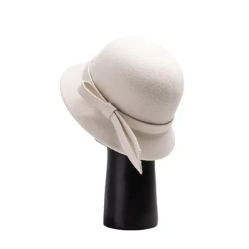 202201-HH2003B Во французском стиле, Элегантный, с тренчем, молочно-белый шерстяной фетр, женская шапочка-ведро с бантом, женская шляпа для отдыха