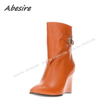 Abesire/ Ботильоны с оранжевой пряжкой и декором, женская обувь на танкетке без застежки, однотонные новые ботинки, модная обувь для подиума на каблуках