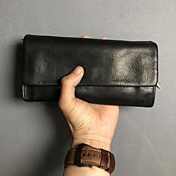 AETOO Оригинальный винтажный кошелек ручной работы из воловьей кожи, мужской кошелек из натуральной кожи, женский, черный, легкий клатч для хранения