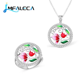 LMFALECA, ожерелье из стерлингового серебра 925 пробы, кольцо, ювелирный набор для женщин, Красная зеленая эмалевая подвеска в виде цветка, цепочка в виде коробки, Элегантные изысканные ювелирные изделия