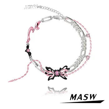 MASW Оригинальный Дизайн Розовый Черный Браслет с Бабочкой, Милые Летние Весенние Ювелирные Изделия Из Стекла, Высококачественный Латунный браслет-цепочка для женщин