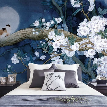 Большая фреска ручной росписи 3D в китайском стиле, обои с цветами и птицами, кабинет, спальня, гостиная, ТВ, фон, фотообои