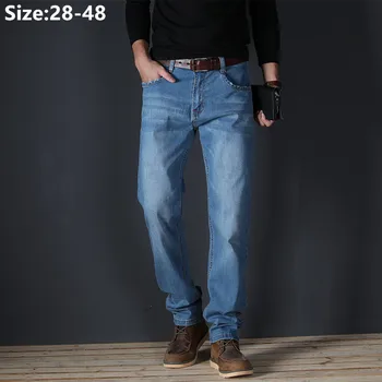 Большие размеры прямые джинсы мужские 48, 46, 44, свободные, черные, светло-синие, стрейчевые, большие, классические, приталенные, брендовые мужские брюки, эластичные джинсовые брюки