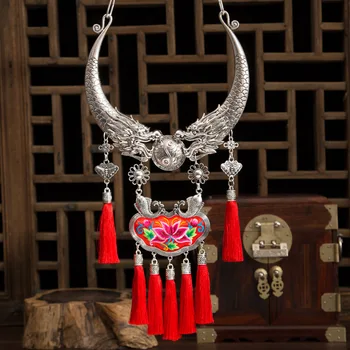 Винтажный воротник с вышивкой, ожерелье с серебряной кисточкой Miao, аксессуары с подвесками, ожерелья для женщин