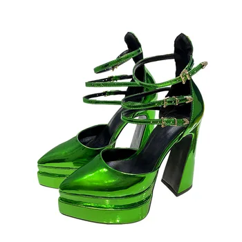 Двухслойные полые туфли на высоком каблуке с острым носком на толстой подошве, большие размеры 43, зеленые полые босоножки из лакированной кожи, пикантная женская обувь