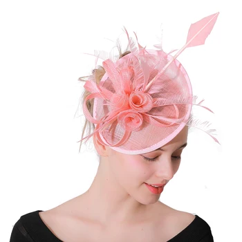 Женская Коктейльная Свадебная шляпа Sinamay Pink Fascinator, Головной Убор для Вечеринки, Церковный Головной Убор, Модные Головные Уборы, Вечерние Аксессуары для волос с пером