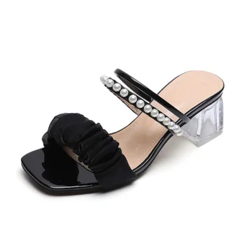 Женские босоножки с жемчугом в сказочном стиле, летние прозрачные босоножки на толстом каблуке, Zapatos