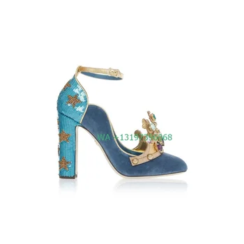 Женские замшевые туфли с острым носком, украшенные короной, на высоком каблуке, элегантные бальные туфли в стиле корта, туфли с бриллиантами и звездным жемчугом на квадратном каблуке