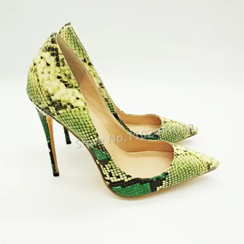 Женские туфли-лодочки на тонком каблуке с острым носком и зеленой змеей, модные разноцветные женские вечерние босоножки без застежки на высоком каблуке