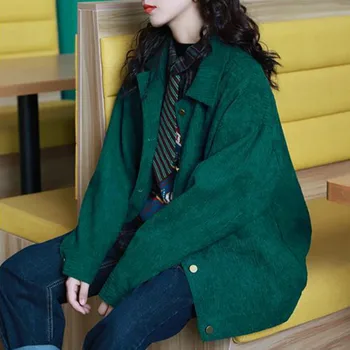 Женские Элегантные яркие Модные Свободные тонкие повседневные куртки в корейском стиле, однотонная зеленая вельветовая винтажная базовая верхняя одежда с отложным воротником