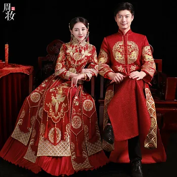 Женское свадебное платье в традиционном китайском стиле с вышивкой Феникса, одежда для тостов