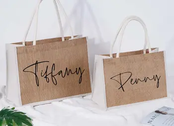 Изготовленные на заказ пляжные сумки-тоут Персонализированные джутовые сумки-тоут с ручками, подарочные сумки для подружек Невесты, Свадебная подарочная сумка-тоут для девочек