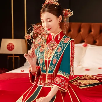 Изысканная вышивка, украшенная жемчугом, Свадебная одежда Традиционной китайской невесты, свадебное платье Ципао в восточном стиле Чонсам