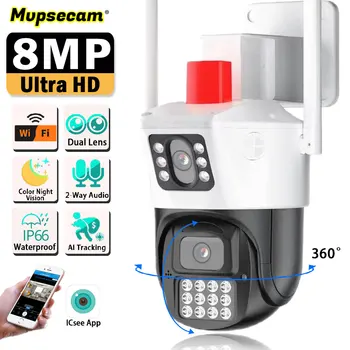 Камера видеонаблюдения WIFI с двумя объективами 4K 8MP, наружная водонепроницаемая сигнальная лампа, Двойные экраны, PTZ, Интеллектуальная IP-камера видеонаблюдения WIFI