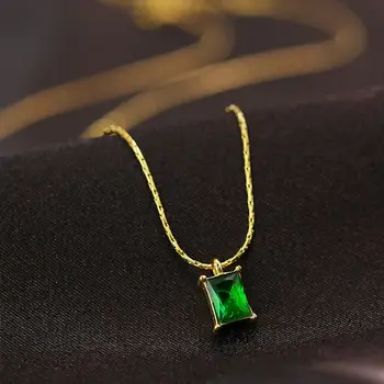 Квадратное ожерелье с четырьмя когтями из нержавеющей стали 316L с зеленым цирконом для дам, Ожерелье для девочек, свадебные украшения для помолвки