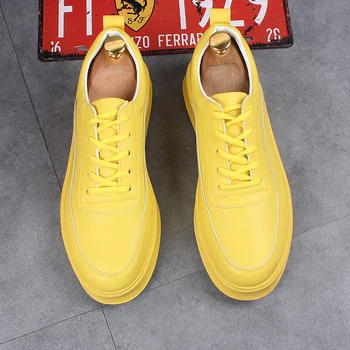 Корейский стиль мужская мода дизайнер обуви желтый белый оригинальный кожаный обуви на платформе кроссовки уличная дышащая мужская обувь