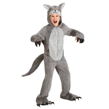 Костюм Большого Серого Волка для Косплея на Хэллоуин, Комбинезоны, комплекты с животными, Цельная пижама с опасными животными, костюмы для вечеринок для мальчиков