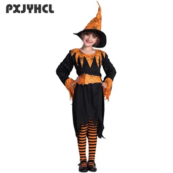 Костюм ведьмы-тыквы для девочек на Хэллоуин, детское карнавальное пугающее платье для косплея, Детское нарядное праздничное представление, Косплей со шляпой