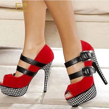 Красные туфли на платформе и каблуке в тонкую клетку, замшевые туфли Mary Jane на высоком каблуке, Женская обувь размера Плюс 15-16