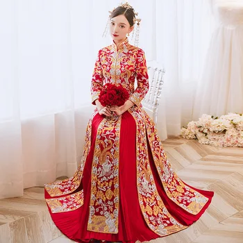 Красный китайский женский свадебный костюм невесты с вышивкой Феникса, атласный, украшенный стразами, Роскошное классическое свадебное платье Qipao Cheongsam