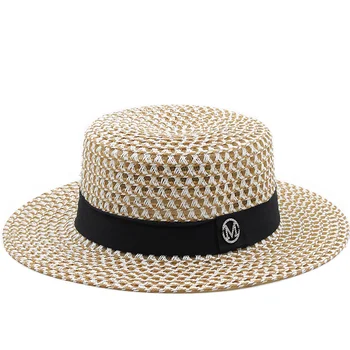 Круглая Соломенная Пляжная шляпа с буквой М, Женская шляпа-Канотье, Солнцезащитные кепки, Панама, Соломенная Фетровая шляпа, Женская солнцезащитная кепка для путешествий