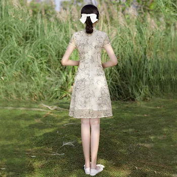Летнее Короткое Улучшенное Современное Ципао из Шифона С Жаккардовой Вышивкой 2023 Cheongsam в Китайском Стиле Ретро Азиатское Вечернее Платье для Женщин