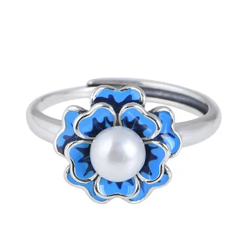 Модные Женские кольца с жемчужным цветком в стиле Ретро, Элегантное кольцо с синим лепестком, открывающееся на указательный палец, Этнические украшения для девочек, Аксессуары, Подарок