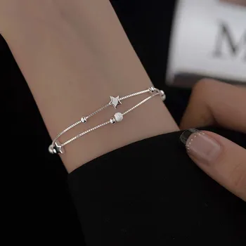 Модный Серебристый двухслойный браслет со звездой и браслет для женщин, Корейская простая цепочка из бисера, Регулируемый браслет-оберег, подарок для вечеринки