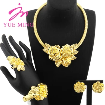 Наборы ювелирных изделий золотого цвета YM для женщин, ожерелье в форме цветка, серьги, Дубай, африканские свадебные украшения, аксессуары, медные браслеты, кольца