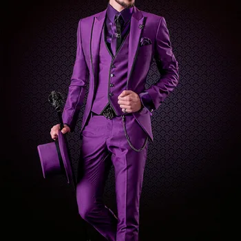 Новое поступление, мужские костюмы, фиолетовый Пиджак с отворотом, однотонный мужской Блейзер, Модный повседневный приталенный костюм, Деловой свадебный комплект для Жениха, комплект из 3 предметов