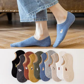 Носки ярких цветов с глубоким вырезом, японская вышивка Kawaii, Милые тапочки-носки, Женские силиконовые нескользящие невидимые носки без показа