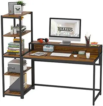 Письменный стол с 5-уровневыми полками, Реверсивный письменный стол с местом для хранения 33-дюймовый рабочий стол для домашнего офиса, Независимый книжный шкаф и письменный стол