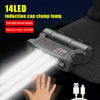 Портативный светодиодный налобный фонарь для рыбалки с датчиком, перезаряжаемый через USB, с зажимом для крышки, водонепроницаемый, встроенный аккумулятор, головной фонарь для верховой езды, охотничья шляпа