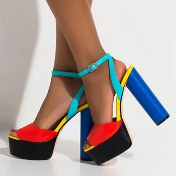 Разноцветные Лоскутные Сандалии на толстом каблуке с ремешком на щиколотке Красные, Синие Кожаные Туфли на высокой платформе и толстом высоком каблуке Гладиаторская обувь