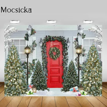 Рождественский фон Mocsicka для фотосъемки Красная дверь Рождественская елка Зимний фотосет для Дня рождения ребенка Студийный фотофон