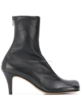 Сапоги из натуральной кожи на высоком каблуке, короткие сапоги с квадратным носком на тонком каблуке, на молнии, Модная французская женская обувь Большого размера 33-43