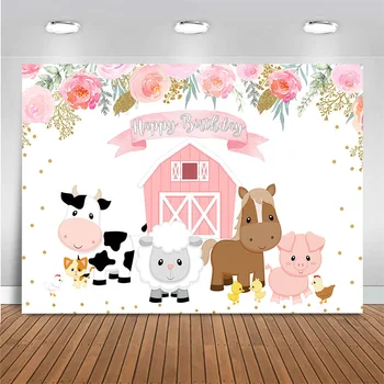Тематический фон для фотосъемки Дня рождения на ферме Моксика, розовый цветок из амбара, детский фон для фотосъемки Дня рождения, баннер с мультяшными животными
