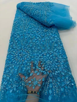 Уникальная кружевная ткань Madison с африканскими блестками 2023 Небесно-Голубого цвета, высококачественная кружевная ткань ручной работы из бисера, Нигерийский французский тюль, кружевной материал для Свадьбы