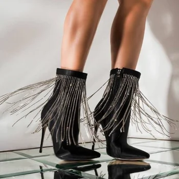 Черные ботинки с кисточками и кристаллами, Острый носок, молния, Тонкий высокий каблук до середины икры, Модная Сексуальная Женская обувь в новом стиле, Zapatillas Mujer