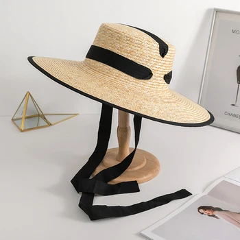 Элегантная женская летняя шляпа, солнцезащитная кепка, Женские солнцезащитные шляпы с широкими полями и плоским верхом, Пляжная Соломенная шляпа, Модная кепка для девочек с лентой