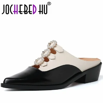 【JOCHEBED HU】 Модный бренд, Женские туфли-лодочки из коровьей кожи с острым носком и пряжкой, толстый каблук в стиле ретро, Размер 34-41